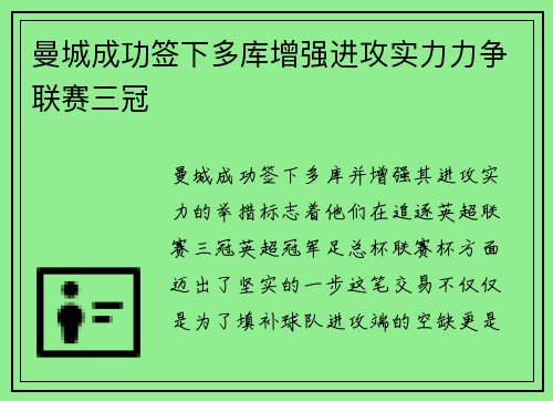 曼城成功签下多库增强进攻实力力争联赛三冠 曼城成功签下多库增强进攻实力力争联赛三冠